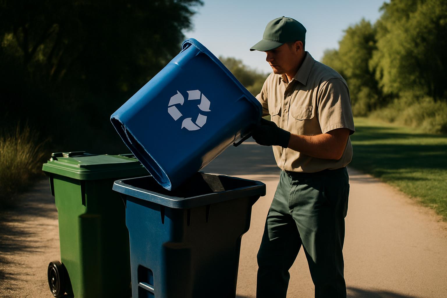 A man in a tan shirt and dark green cap and pants is picking up a dark blue trash bin with a white recycling arrow symbol.
