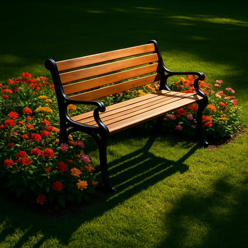 A park bench surrounded by flowers in a lush grassy area.