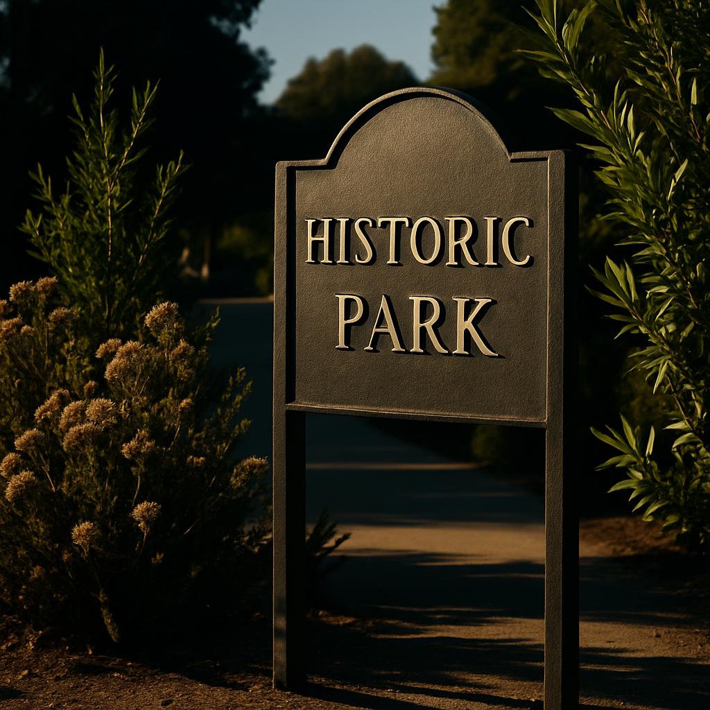 A historic park sign, surrounded by plants, suggesting an entrance.