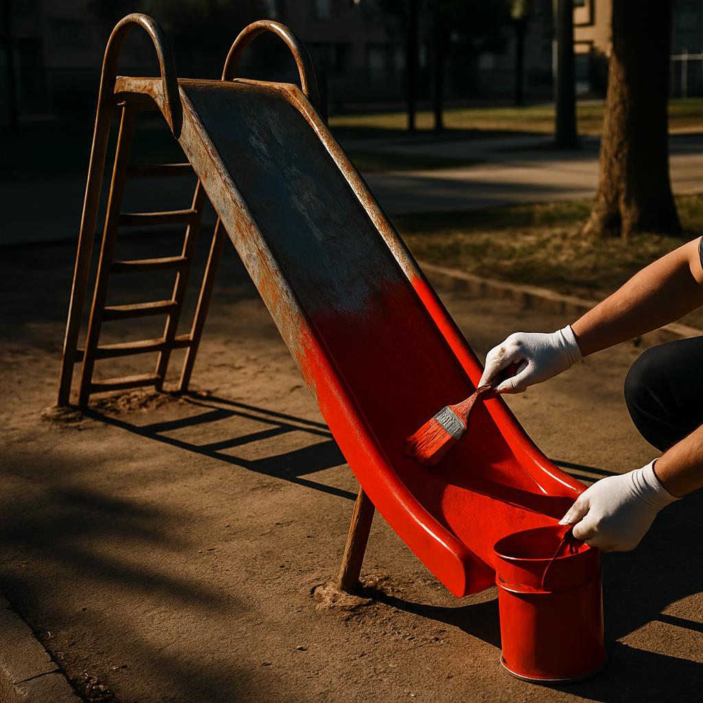 A gloved hand paints a rusty red slide and bucket, with the brush held at an angle in the first instance, casting long sha...
